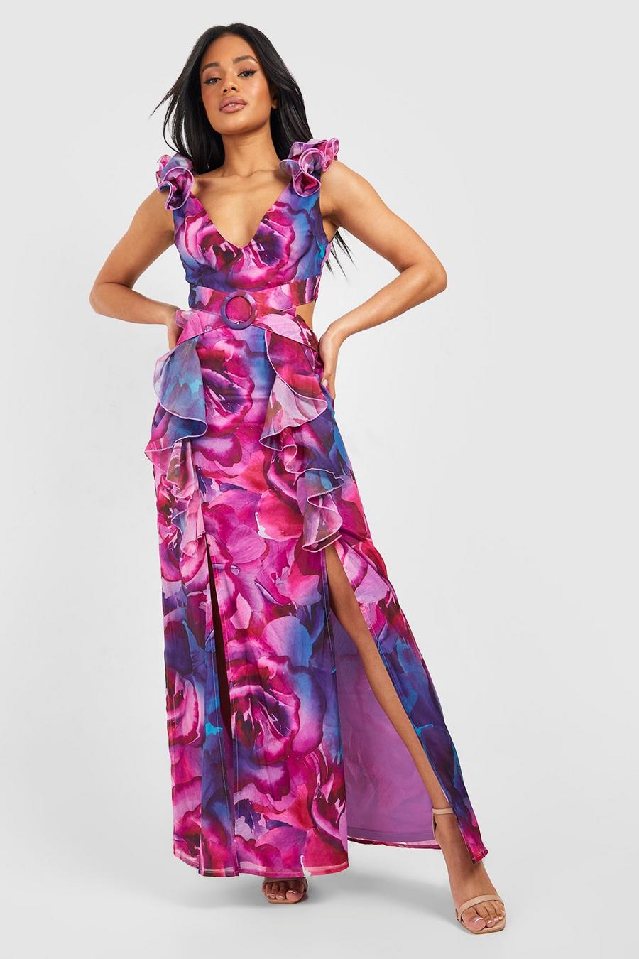 Vestito maxi in chiffon a fiori con cintura e arricciature, Purple image number 1
