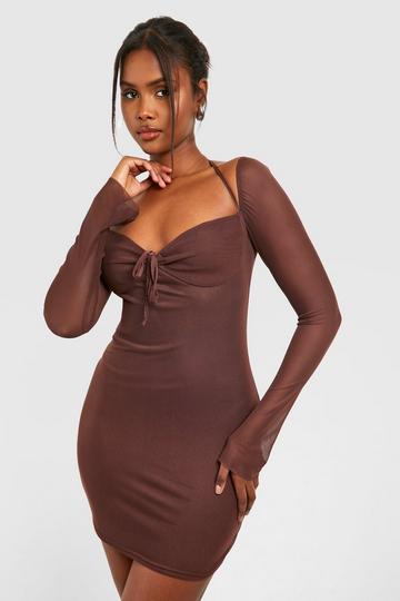 Chocolate Brown Mesh Long Sleeve Bodycon Mini Dress