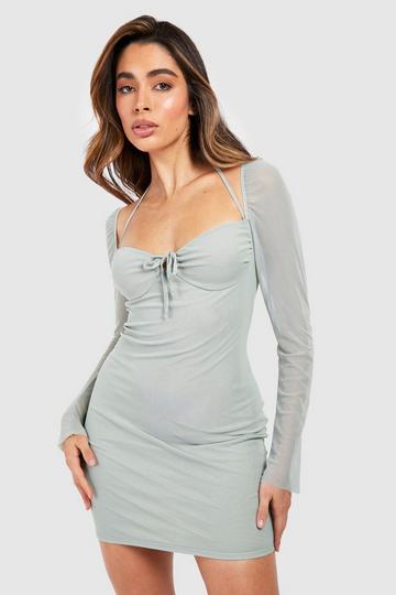 Mesh Long Sleeve Bodycon Mini Dress sage