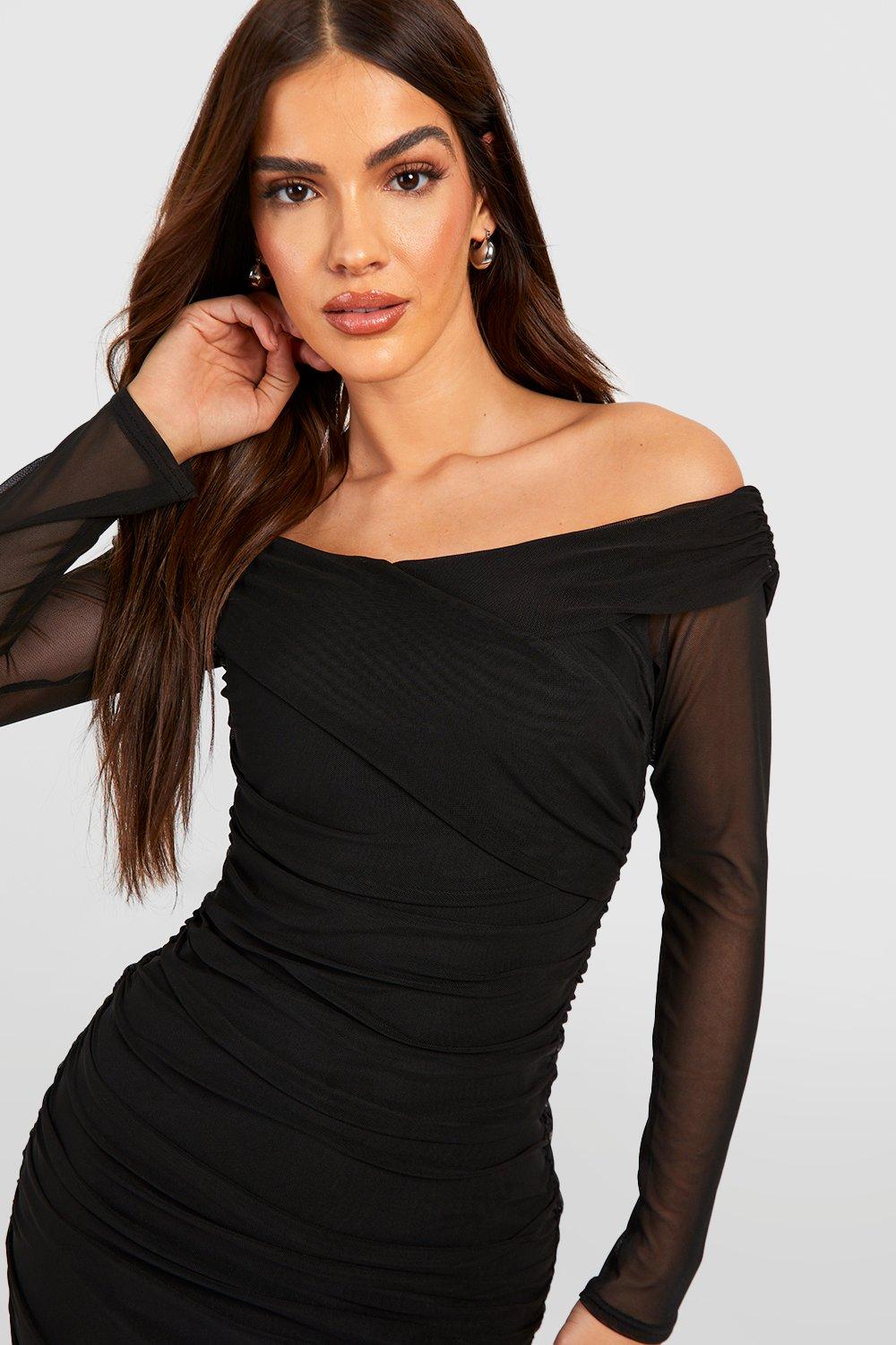 Black Dress for Women Off Shoulder Ruched Mesh Insert Slit Hem Bodycon Maxi  Dress Slim Fit : : Clothing, Shoes & Accessories