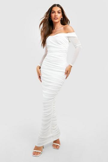 Ruched Mesh Off The Shoulder Maxi Dress ivory