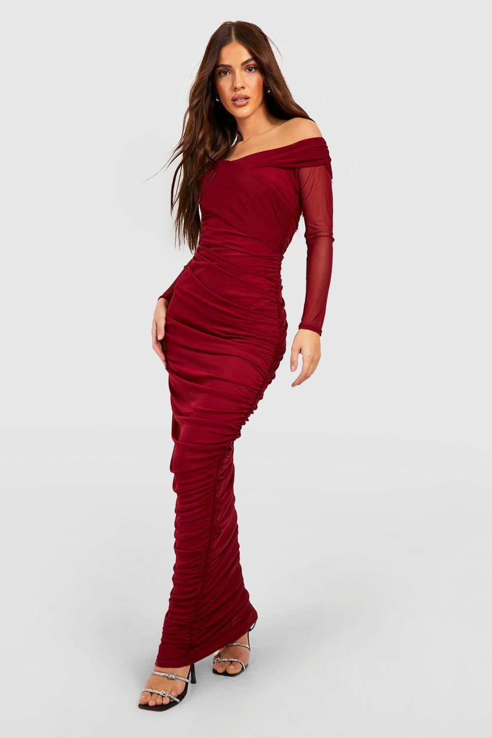 Rouched Mesh Off The Shoulder Maxi Dress