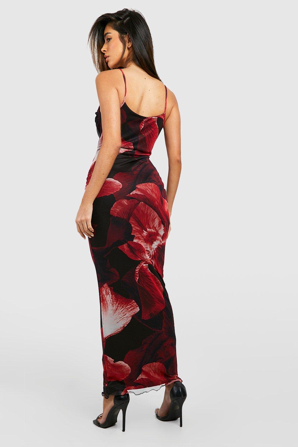 Red Floral Print Mesh Dress with Ruched Detailing