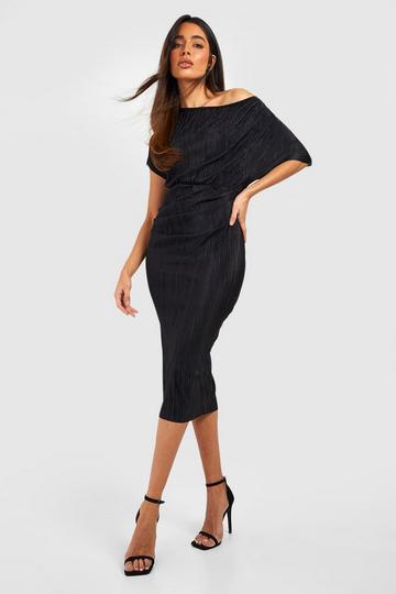 Off The Shoulder Plisse Midi Dress black