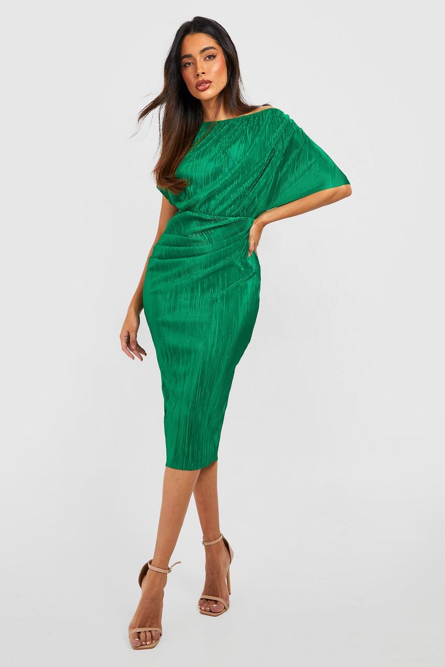 Green Off The Shoulder Plisse Midi Dress image number 1