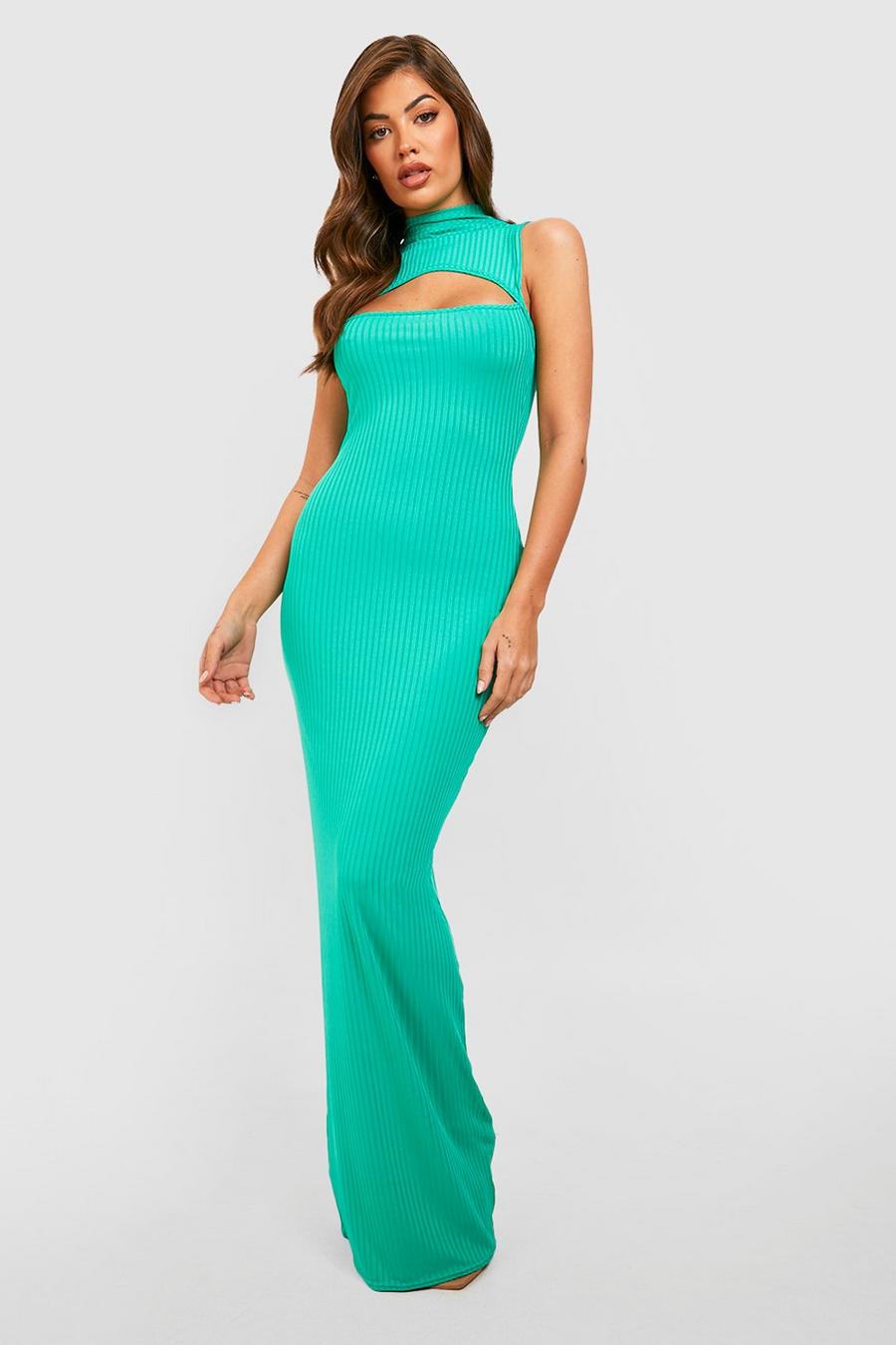 Bright green Rib High Neck Cut Out Sleeveless Maxi Dress image number 1