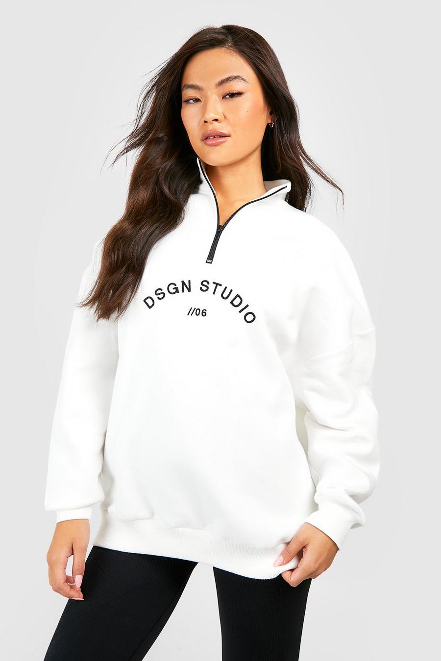 Oversize Sweatshirt mit Stickerei und halbem Reißverschluss, Ecru image number 1