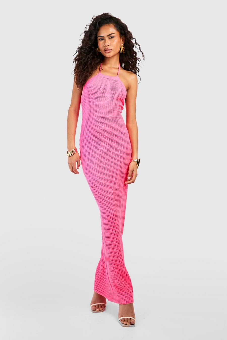Vestido maxi de croché con escote halter, Hot pink image number 1