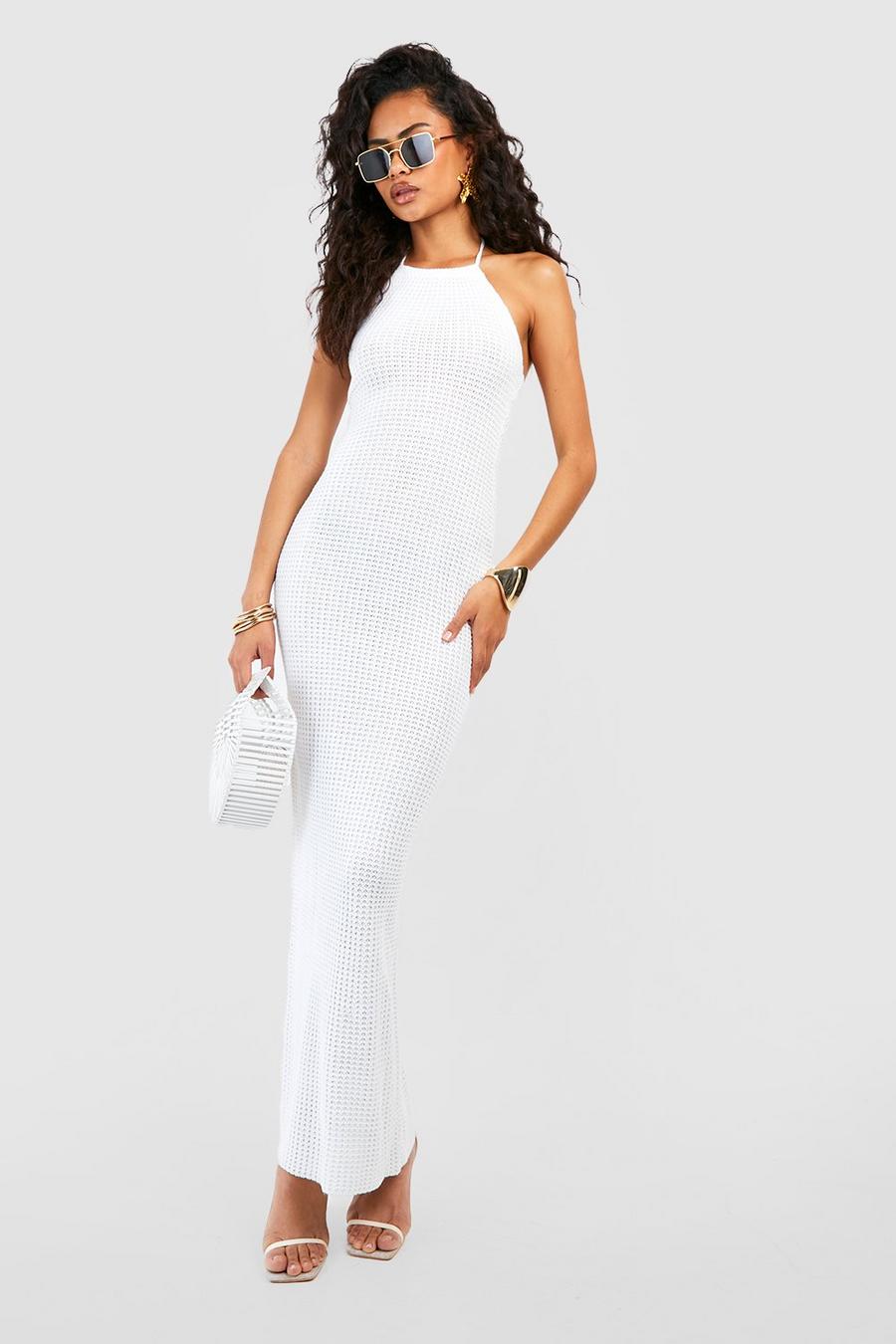 Halterneck Crochet Maxi Dress, White bianco