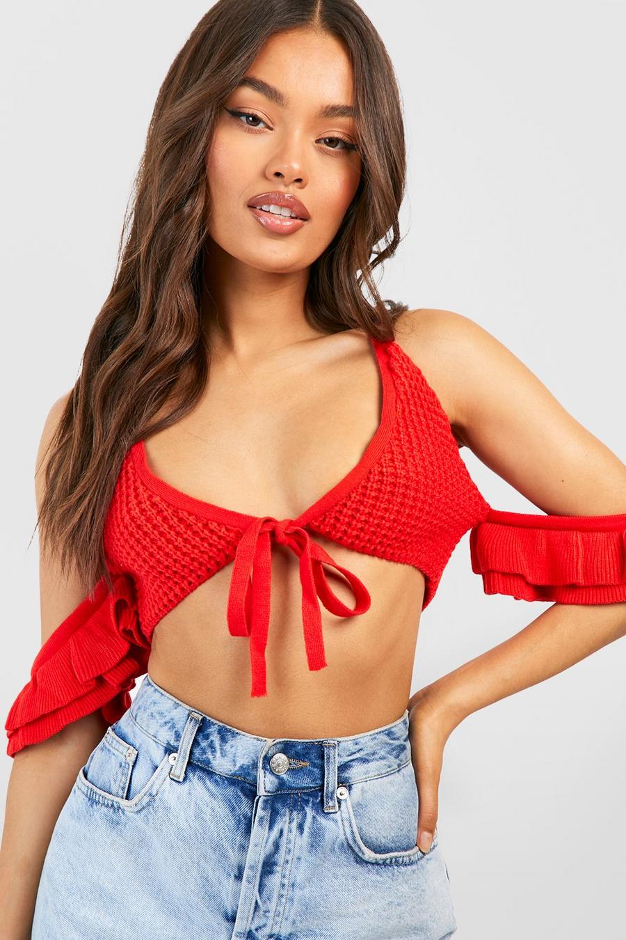 Red Ruffle Off The Shoulder Crochet Crop Top image number 1