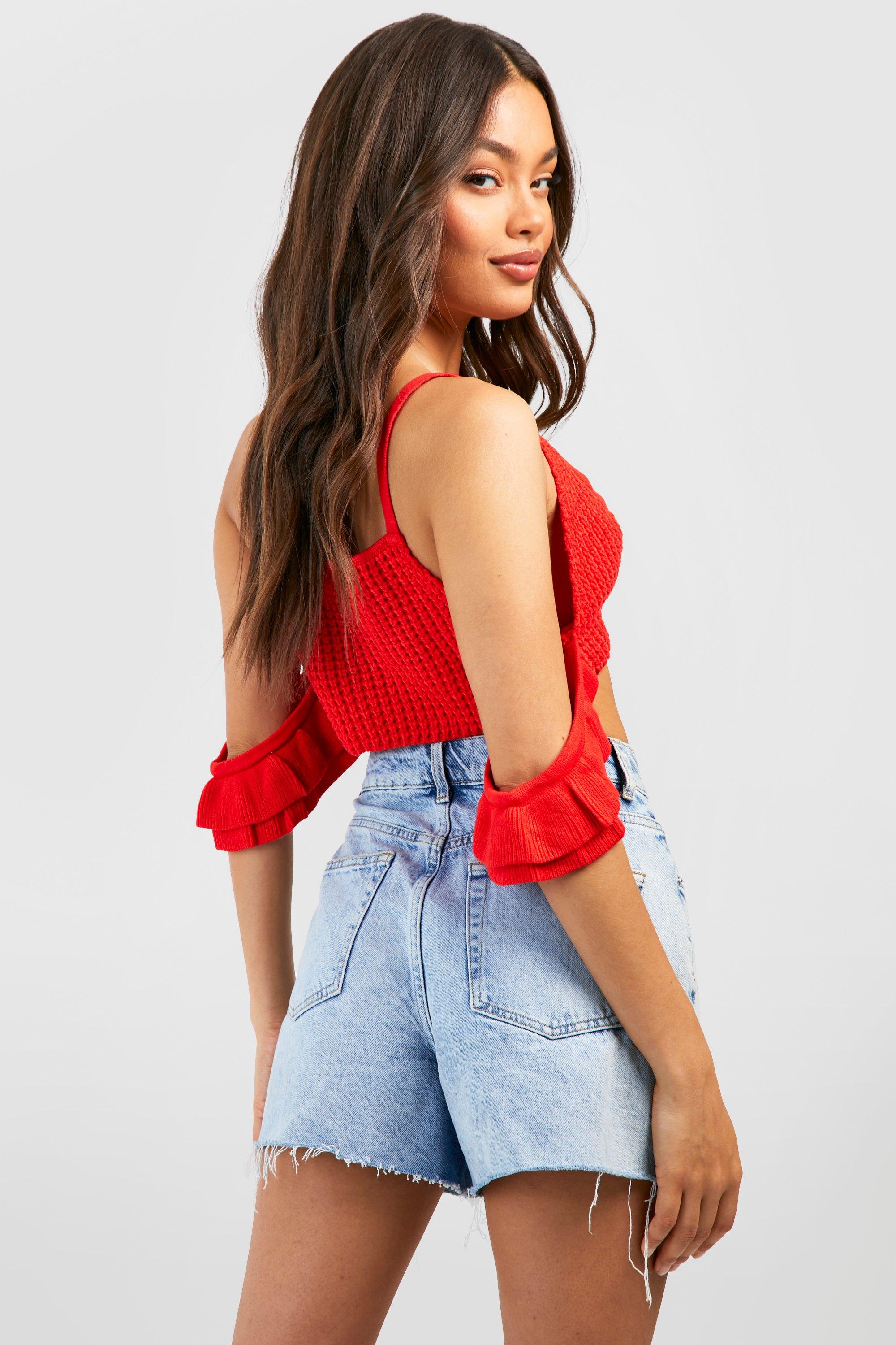 Red ruffle hot sale crop top