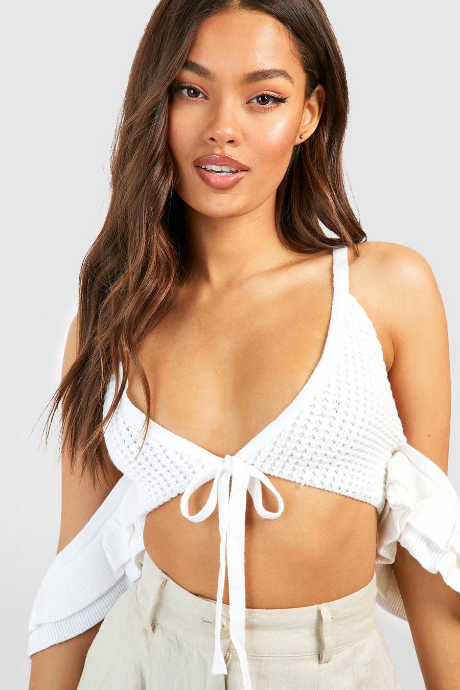 White Ruffle Off The Shoulder Crochet Crop Top image number 1