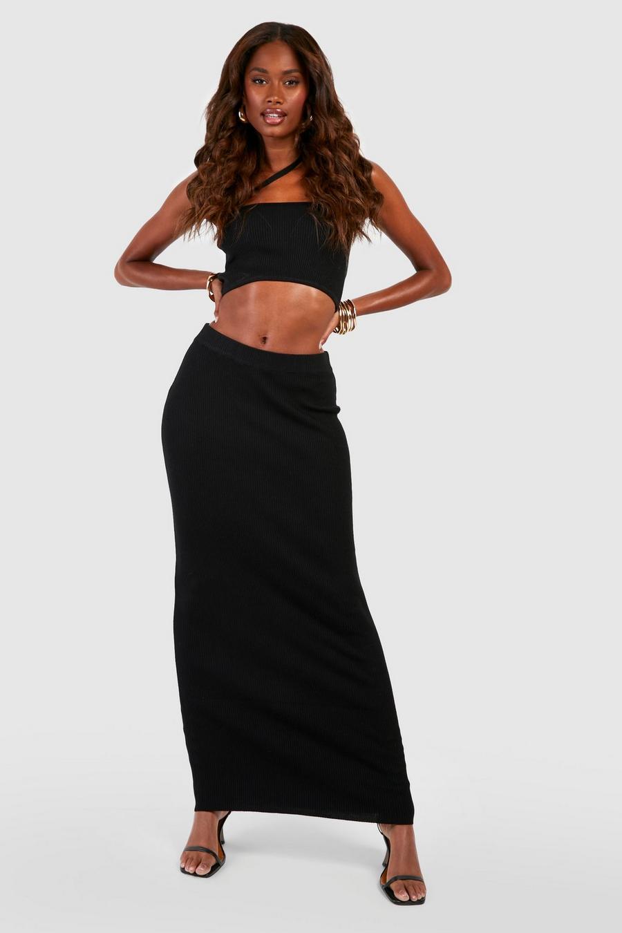 Black Strappy Rib Knit Crop Top And Maxi Skirt Set image number 1