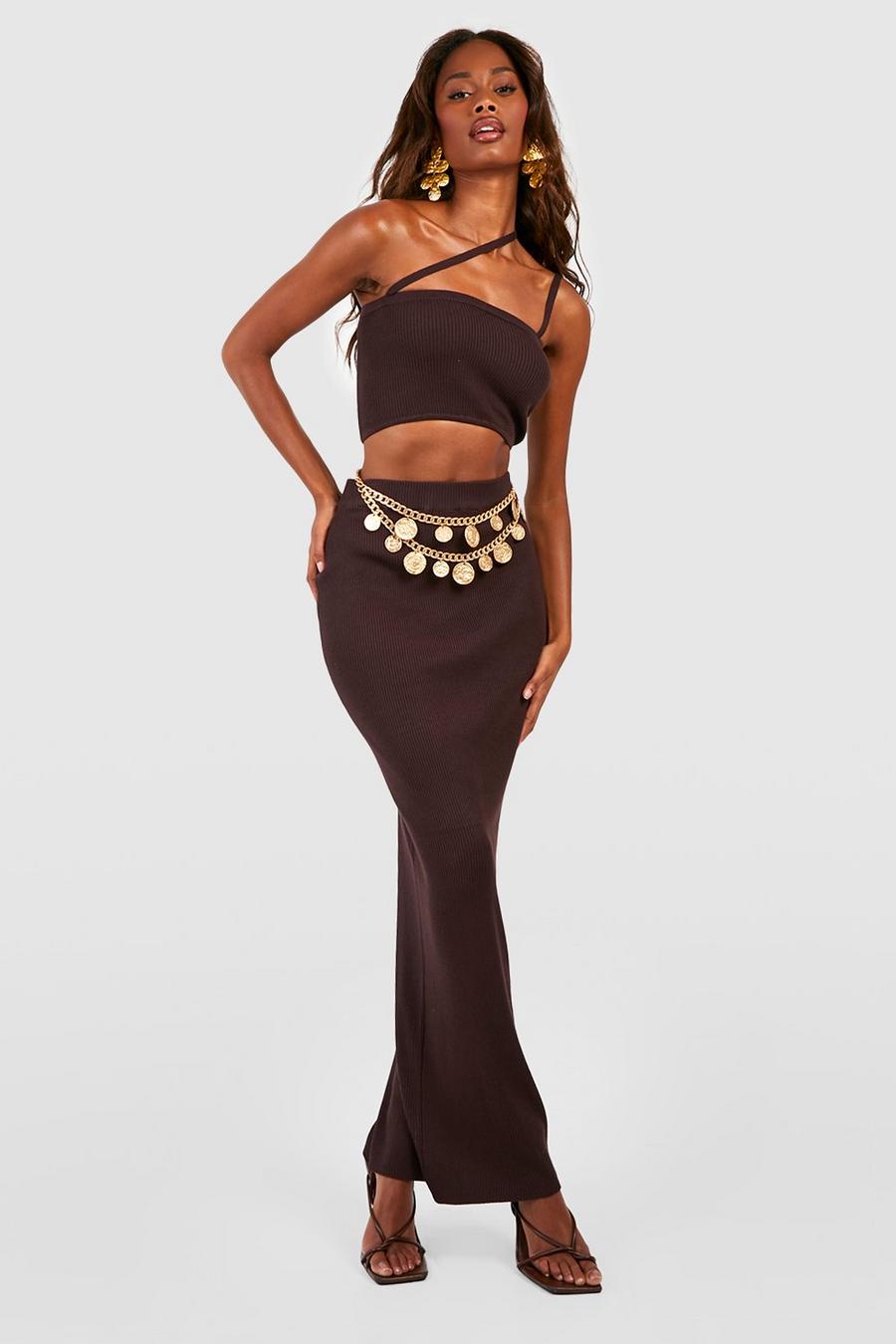 Chocolate Strappy Rib Knit Crop Top And Maxi Skirt Set image number 1