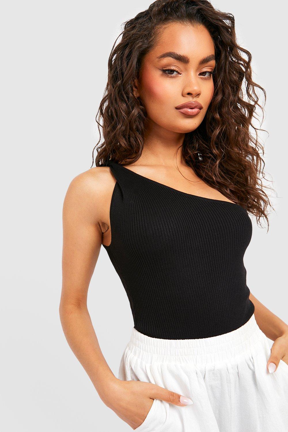 Boohoo Twist Shoulder One Sleeve Rib Knit Bodysuit - Black