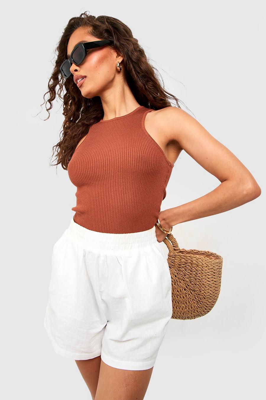 Terracotta Racer Neck Rib Knit Crop Top image number 1