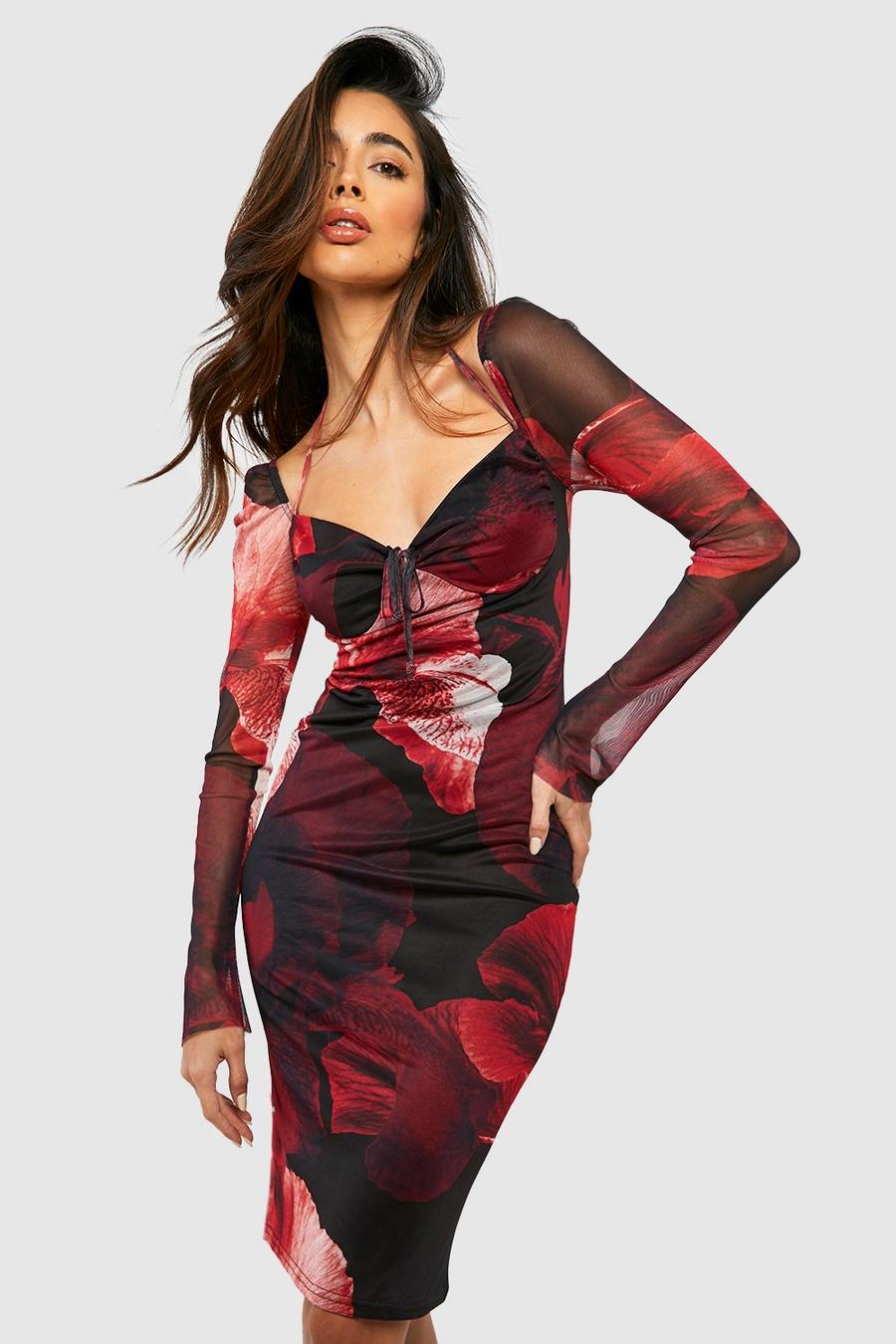 Red Abstract Floral Print Mesh Midi Dress image number 1