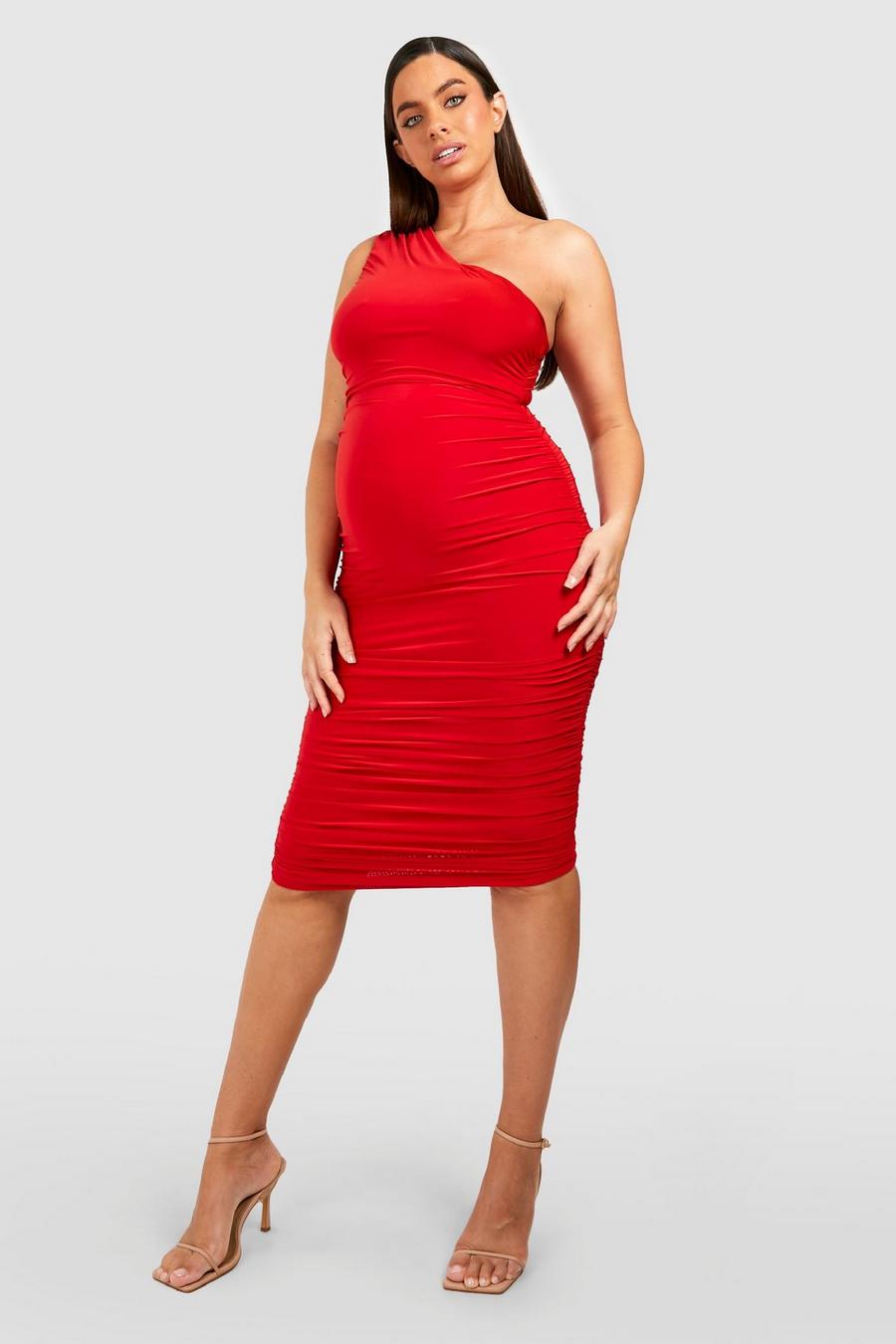 Red Maternity Slinky One Shoulder Ruched Midaxi Dress image number 1