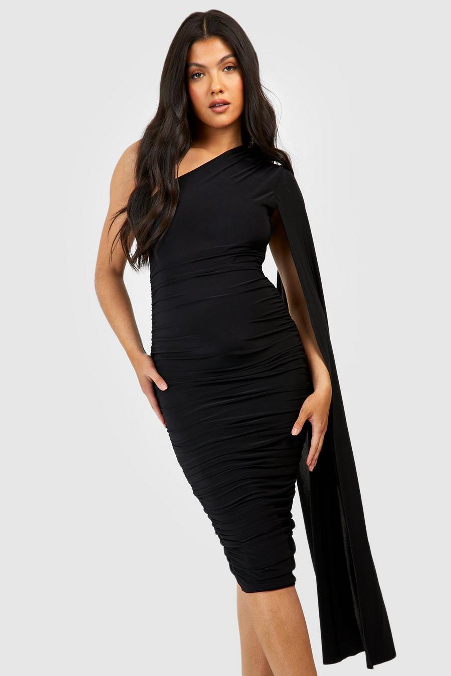 Maternity Slinky One Shoulder Cape Ruched Midi Dress, Black negro