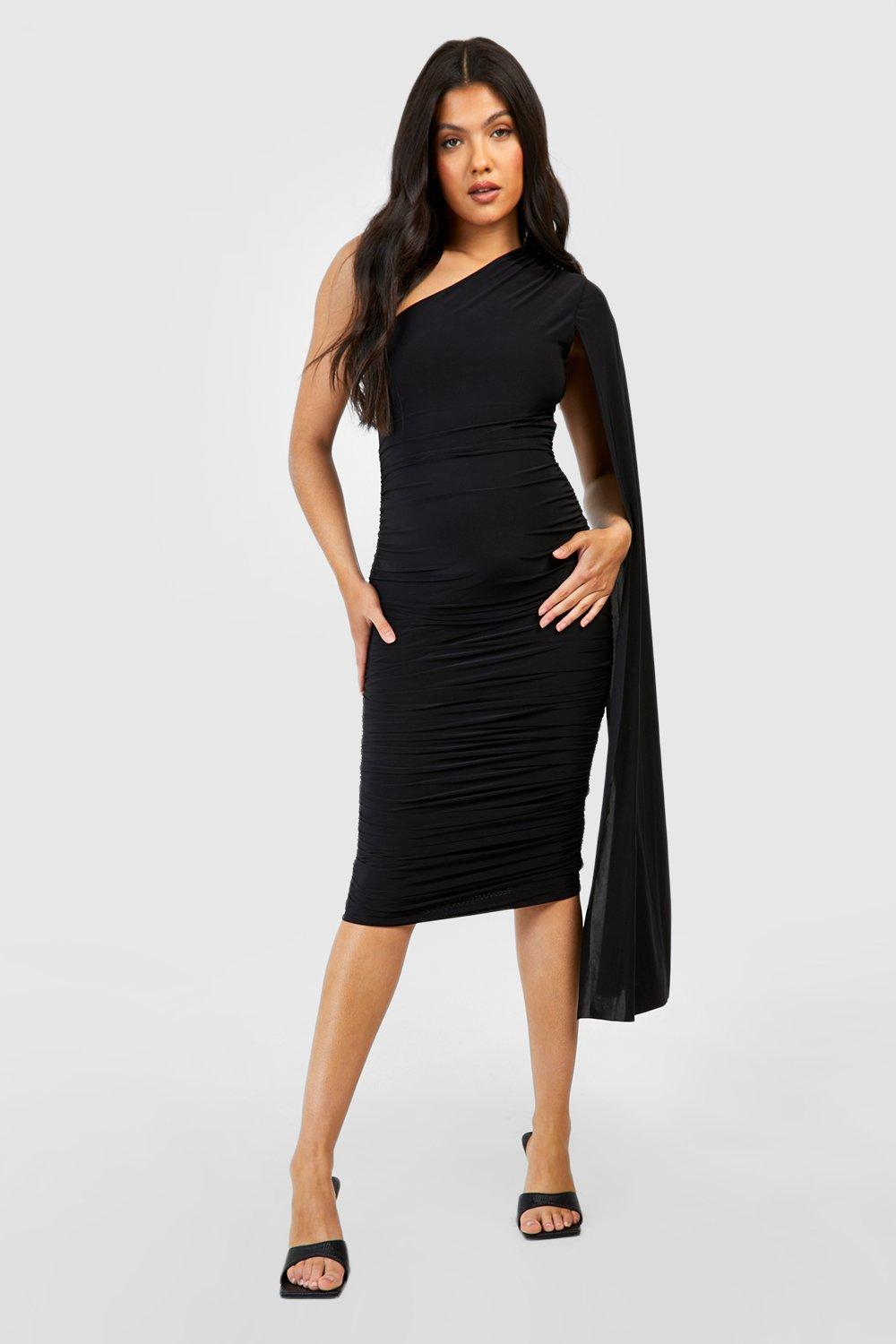 Black Slinky One Shoulder Ruched Midi Dress