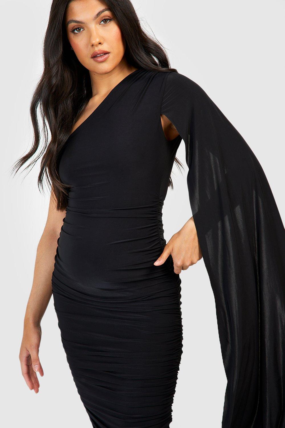 Maternity Slinky One Shoulder Cape Ruched Midi Dress