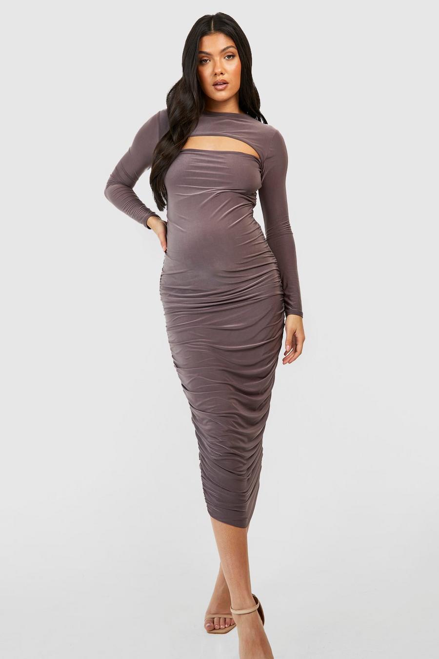 Taupe beige Maternity Slinky Cut Out Ruched Midaxi Dress image number 1