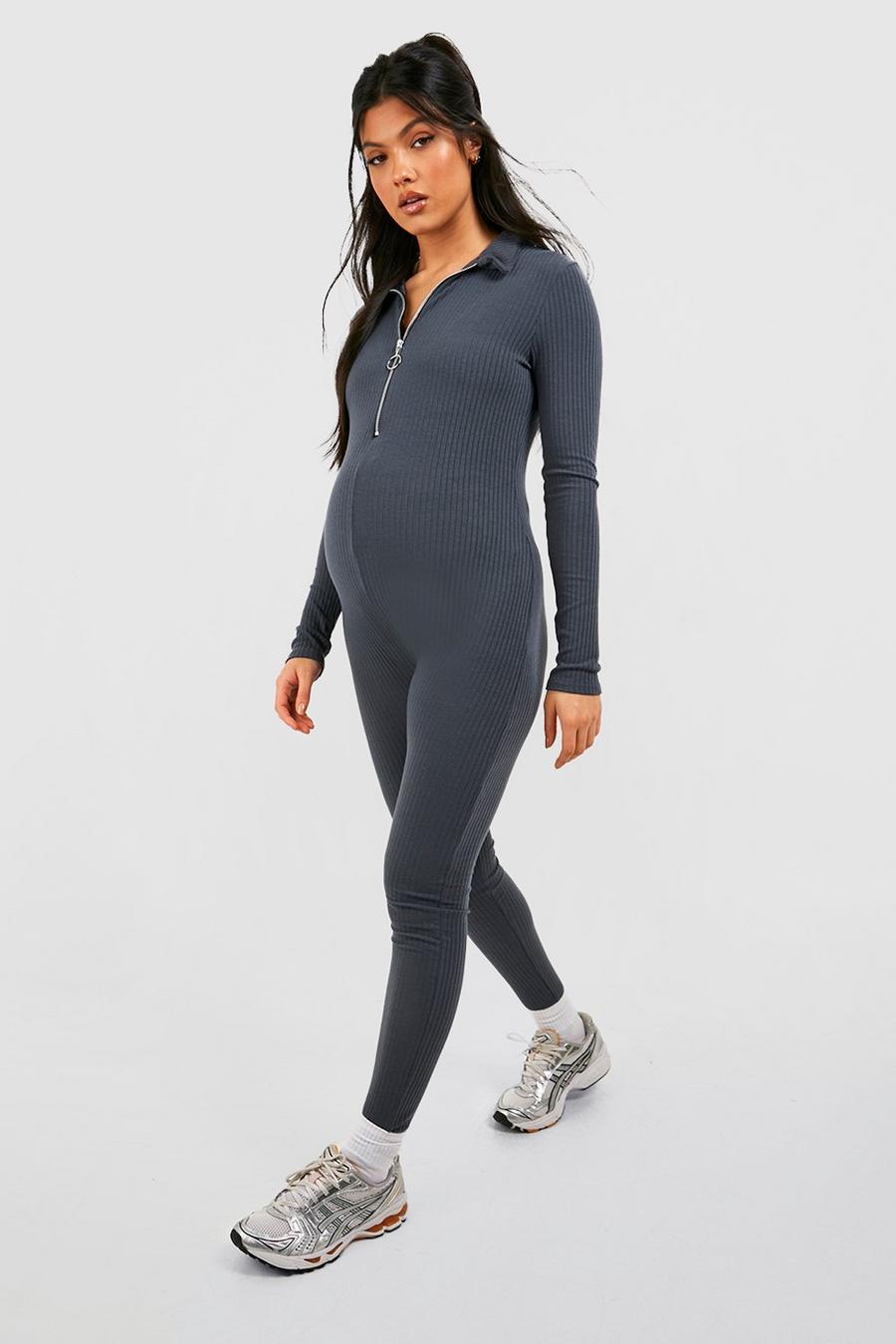 Charcoal grey Maternity Soft Rib Zip Unitard Jumpsuit