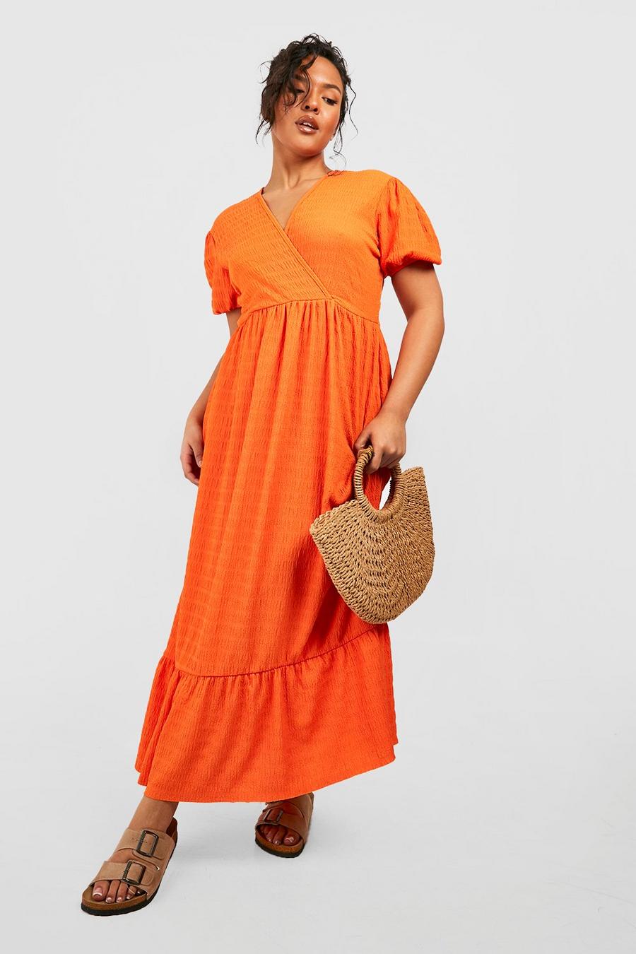 Orange Plus Textured Crinkle Midi Dress image number 1