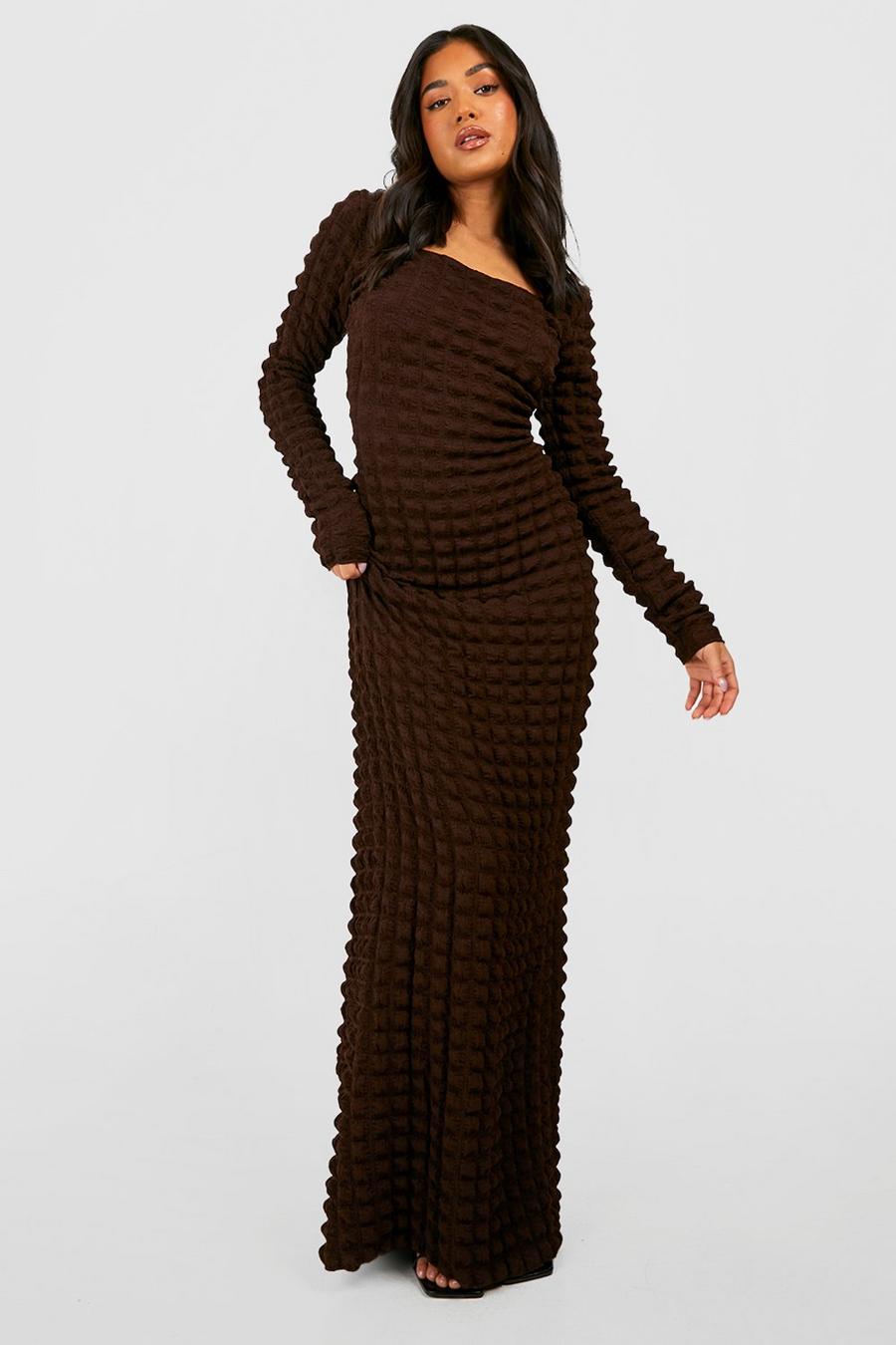 Chocolate sleeve Bubble Textured Square Neck Maxi dobby Dress image number 1