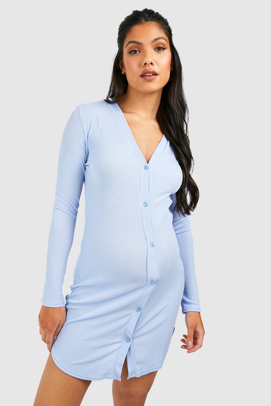 Light blue Maternity V Neck Rib Button Down Nightgown