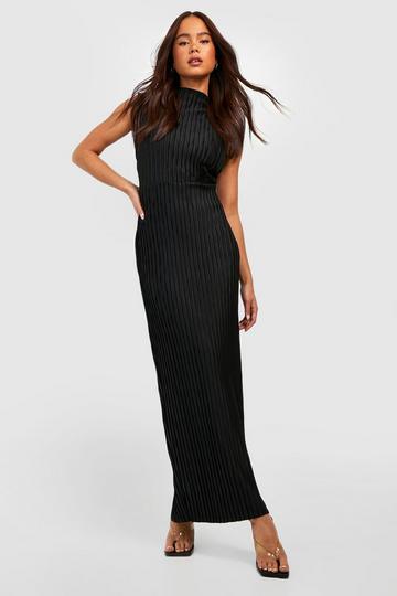 Petite Textured Plisse High Neck Column Maxi Dress black