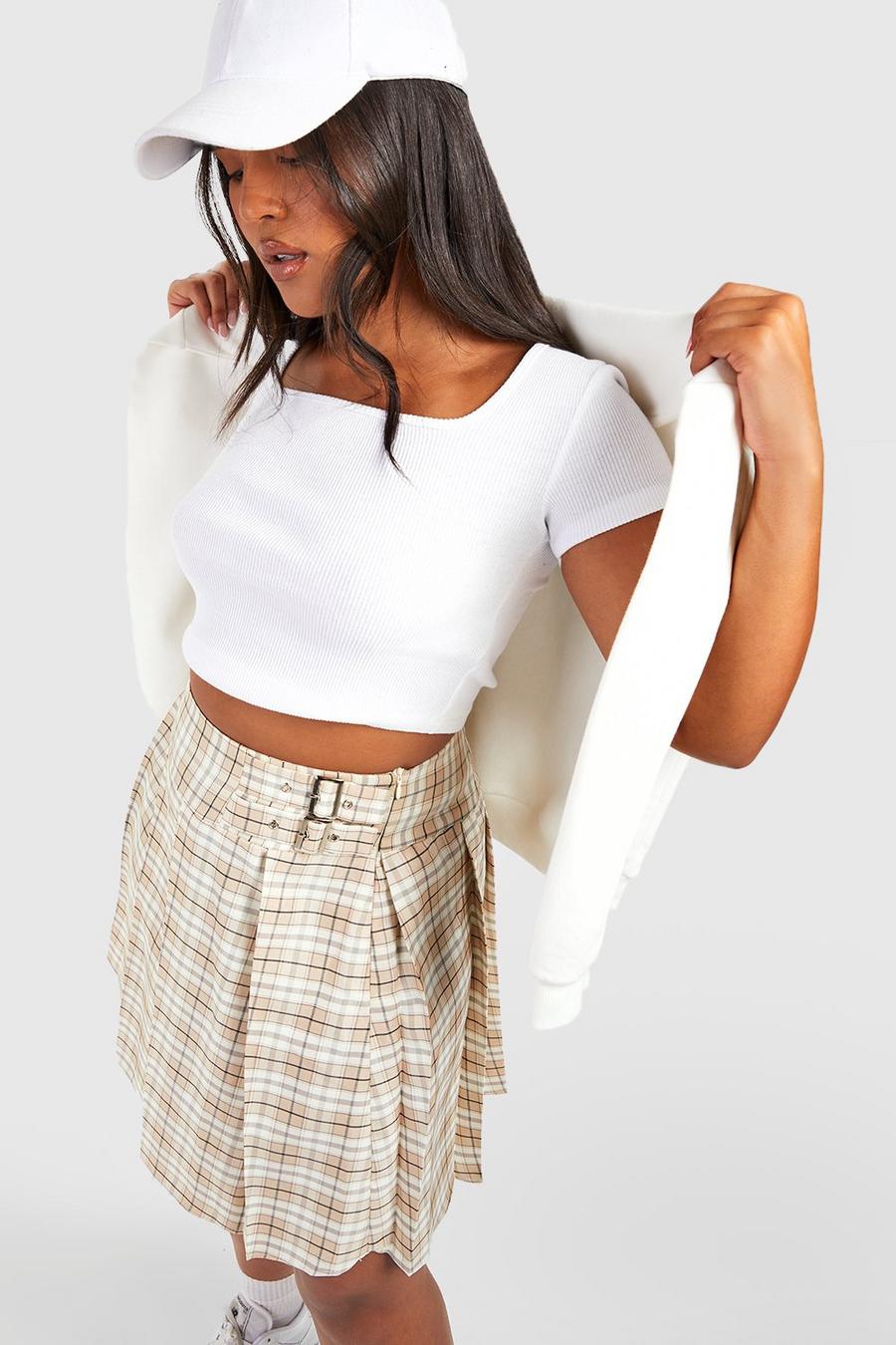 Stone beige Plus Woven Flannel Buckle Detail Tennis Skirt image number 1
