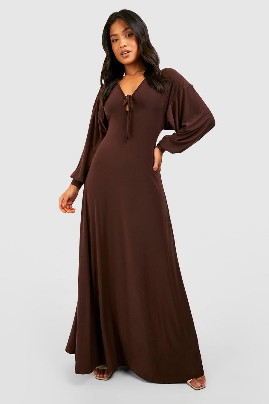 Chocolate Petite Slinky Plunge Tie Front Column Maxi Dress image number 1