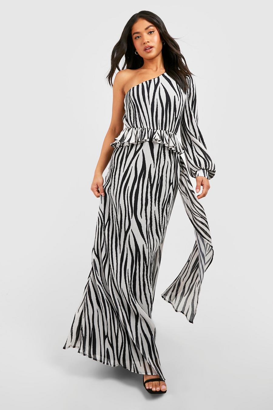Black Petite Zebra Pleated One Shoulder Maxi Dress image number 1