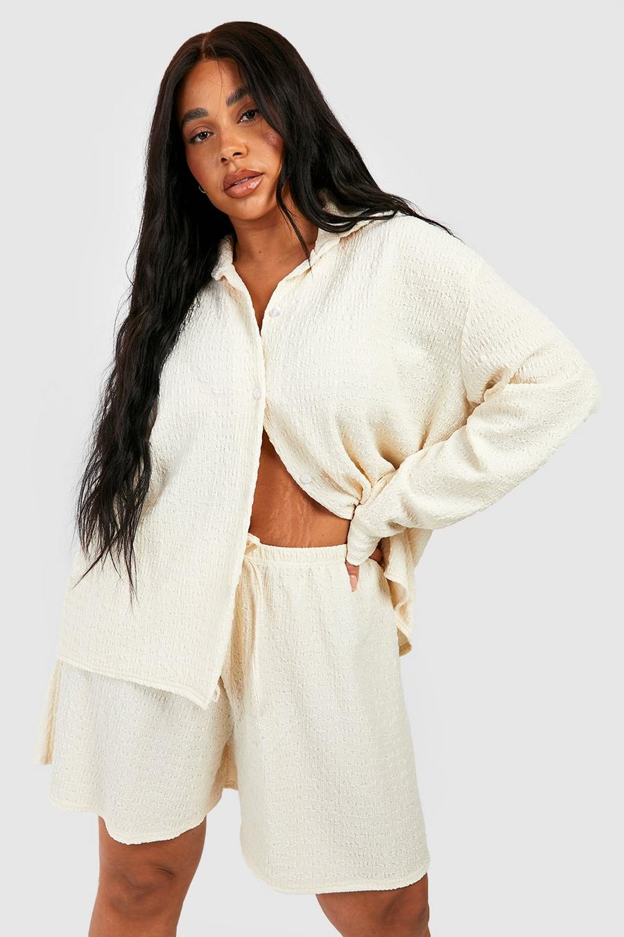 Stone beige Plus Textured Oversized Shirt Co-ord 