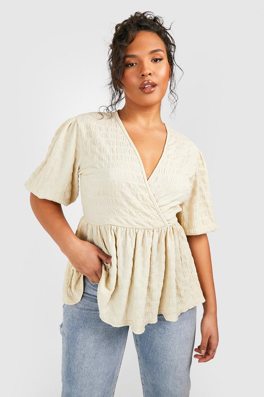 Stone Plus Textured Puff Sleeve Wrap Top 