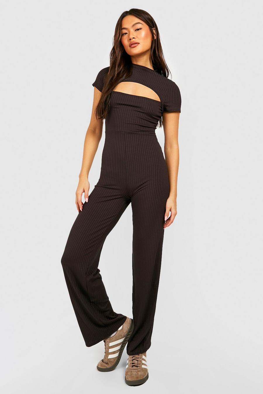 Chocolate Rib Short Sleeve Cut Out Wide Leg Jumpsuit image number 1