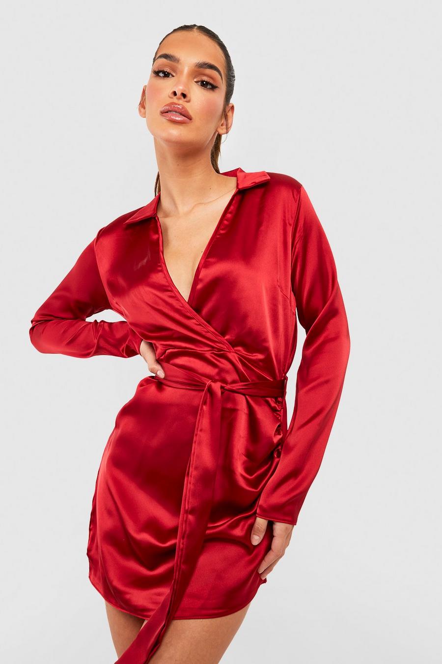 Berry red Satin Wrap Detail Dress