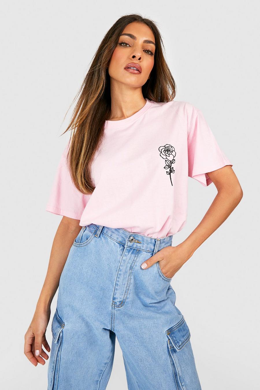 Pink Rose Pocket Print Oversized T-shirt image number 1