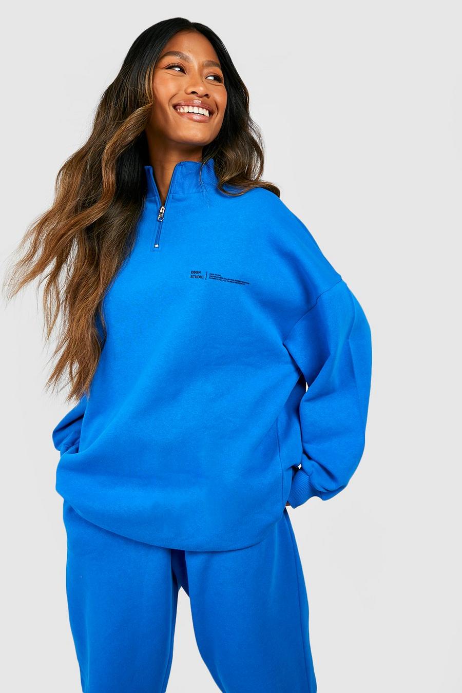 Oversize Sweatshirt mit Text-Slogan und halbem Reißverschluss, Cobalt bleu