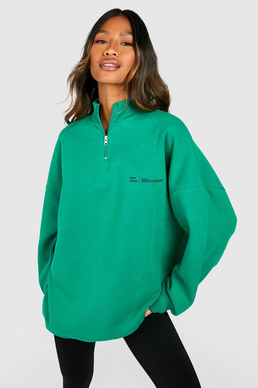 Green grön Text Print Slogan Oversized Half Zip Sweatshirt image number 1