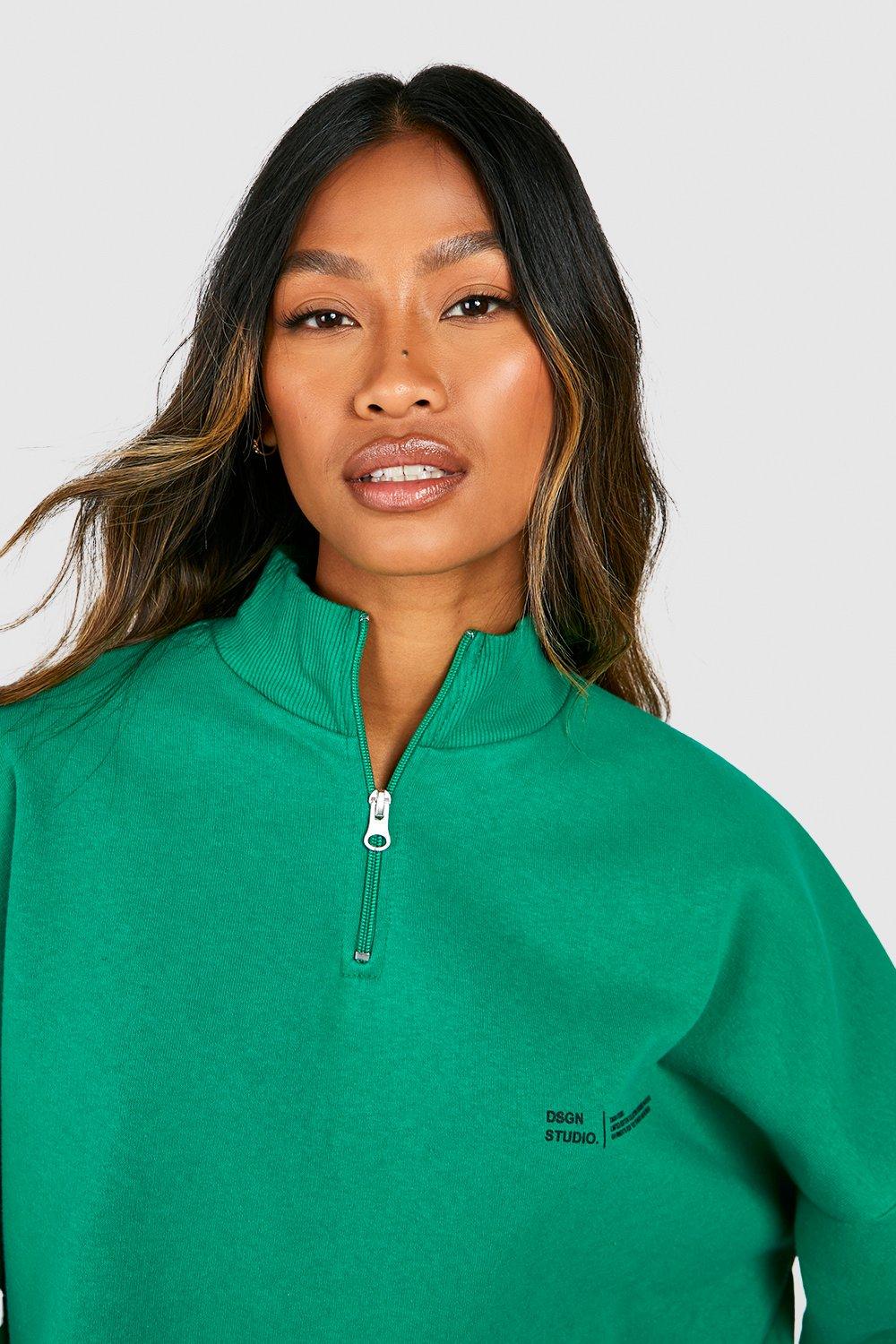 Women s Green Text Print Slogan Oversized Half Zip Sweatshirt