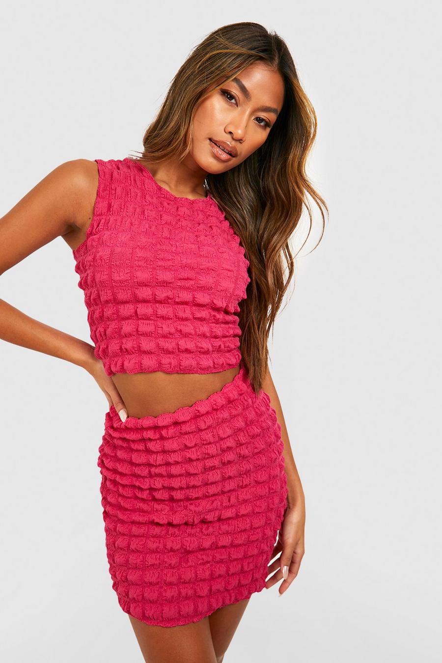 Hot pink Bubble Jersey Knit Racer Crop & Mini Skirt image number 1