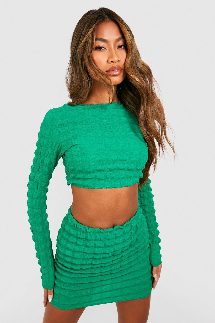 Bubble Jersey Backless Crop & Mini Skirt, Bright green verde