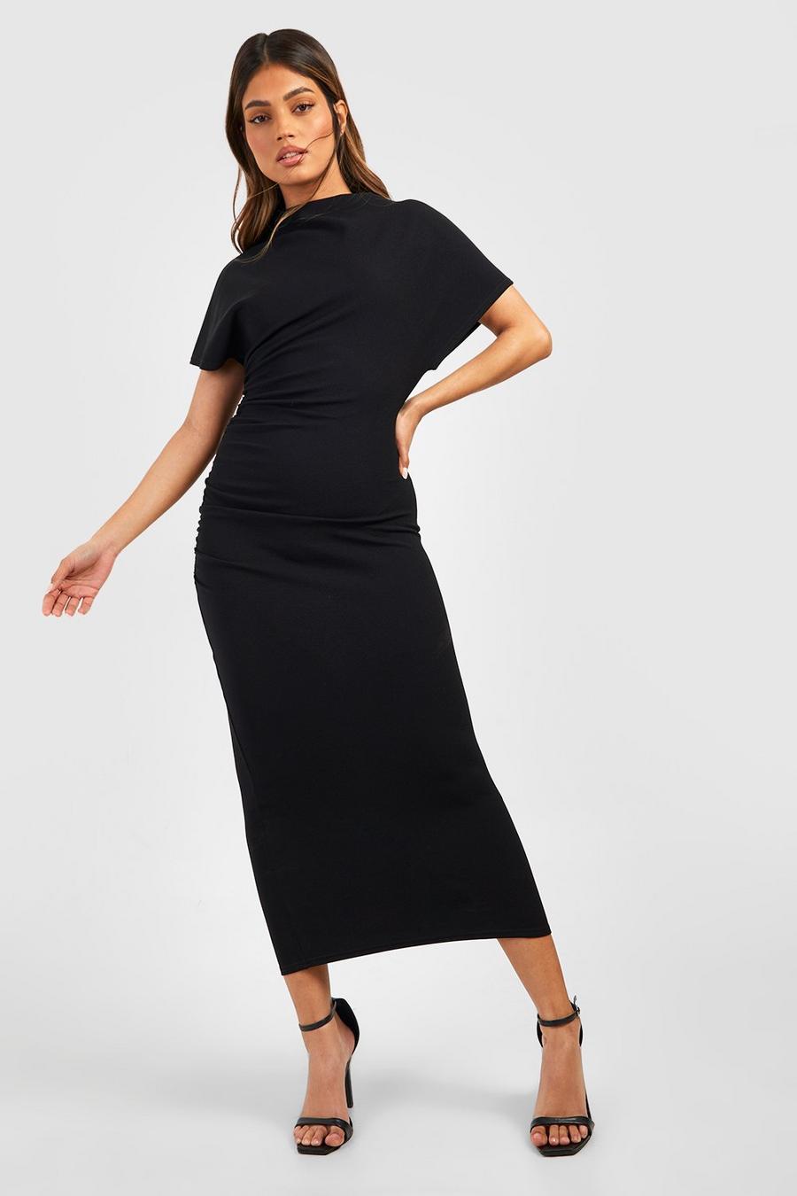 Black High Neck Ruched Front Crepe Midaxi Dress