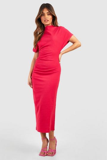 Magenta Pink High Neck Ruched Front Crepe Midi Dress