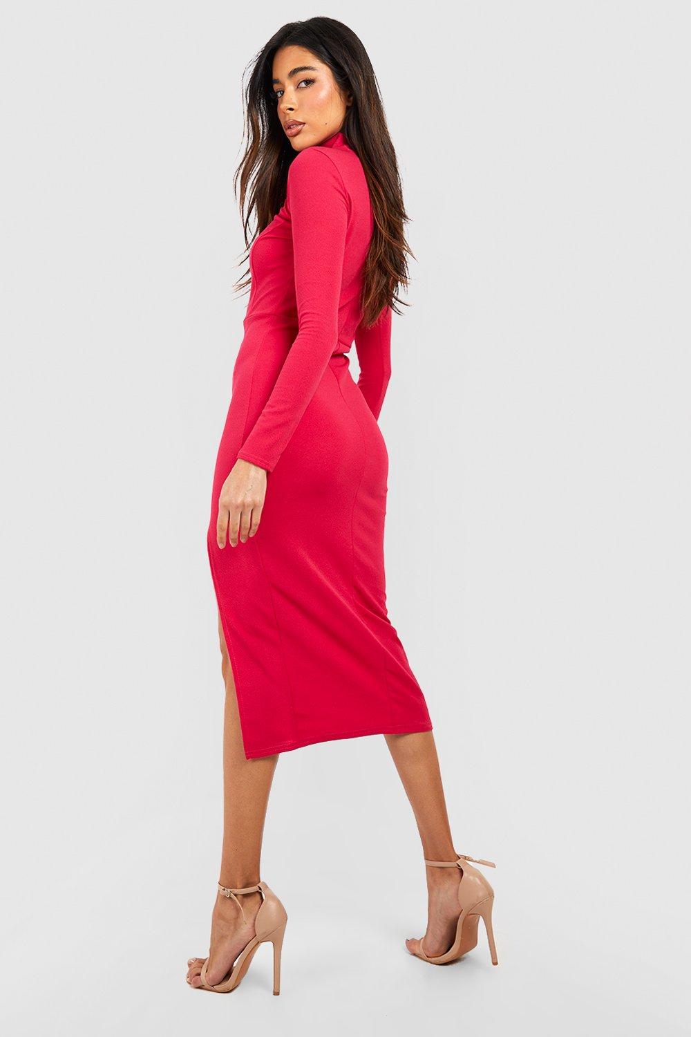 Black Crepe High Neck Split Sleeve Midi Dress