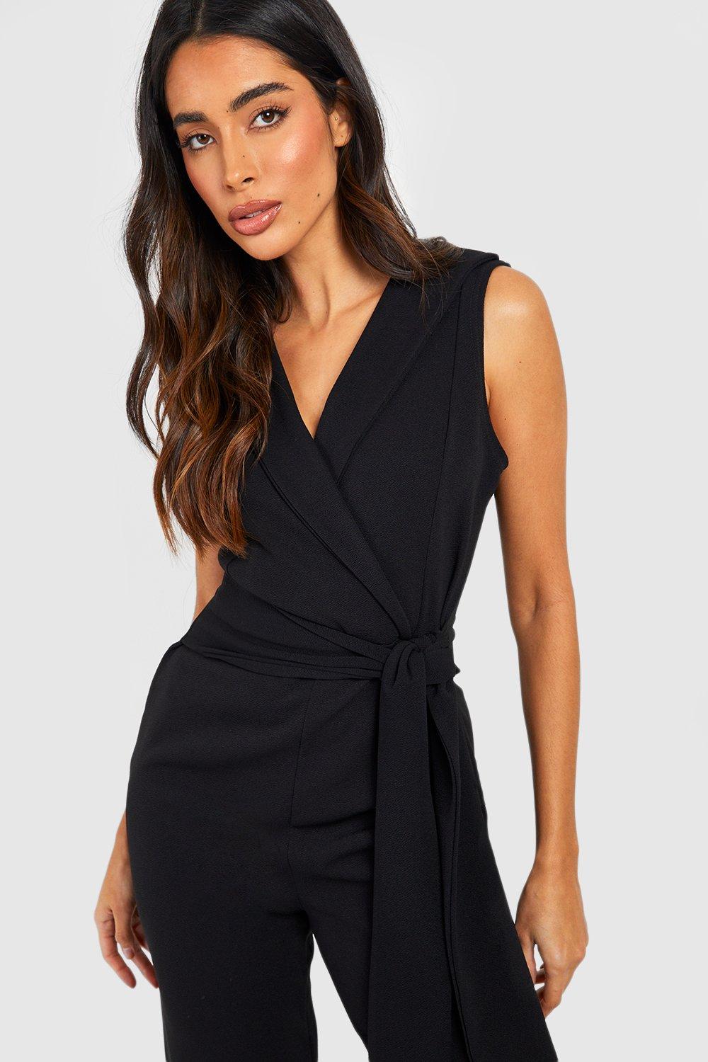 Black collar tie front cheap sleeveless jumpsuit