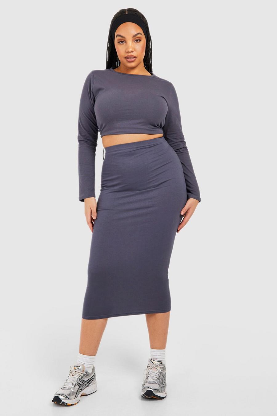 Steel grey Plus Mix And Match Cotton Midi Skirt image number 1