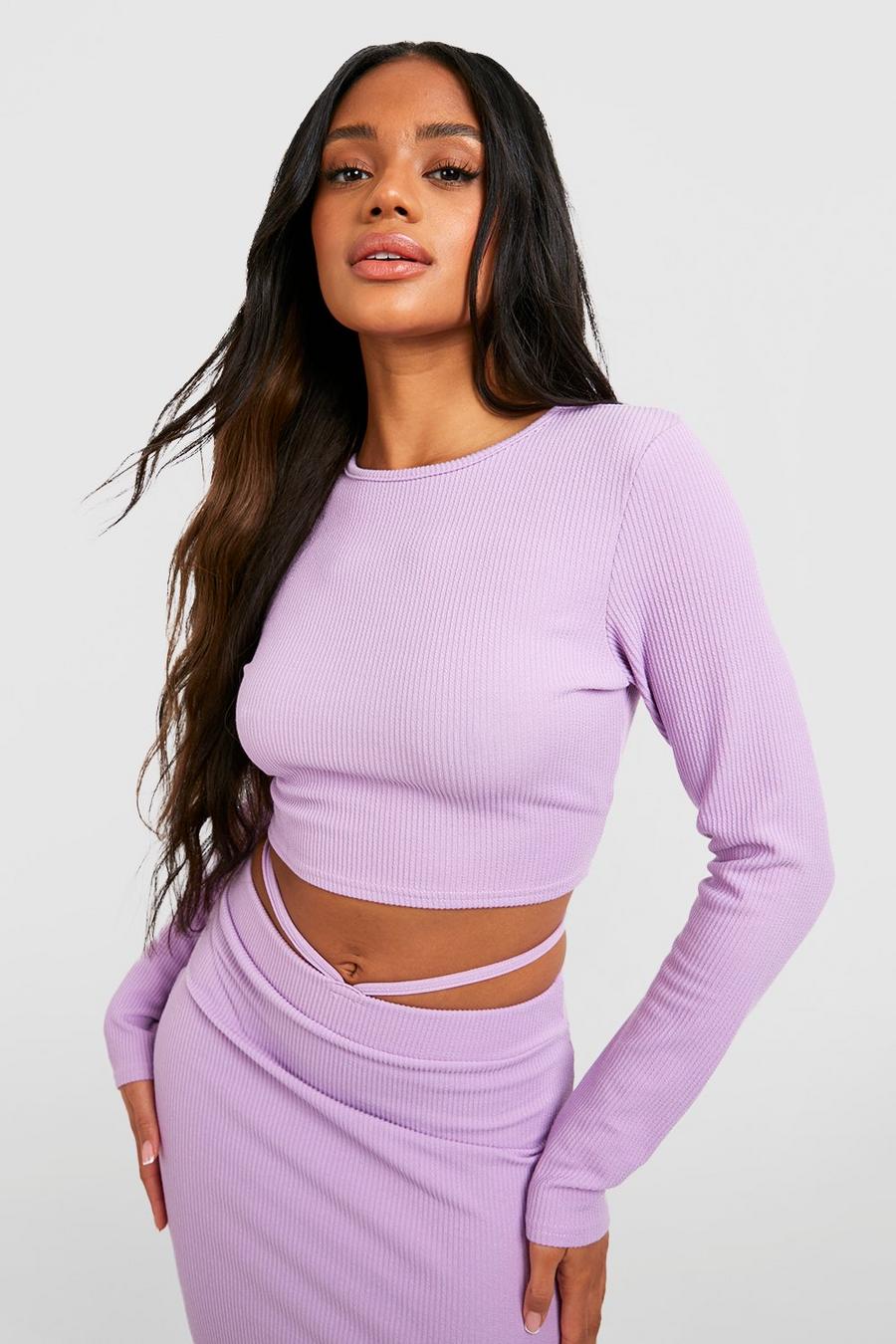 Lilac Ribbed Long Sleeve Crop Top image number 1